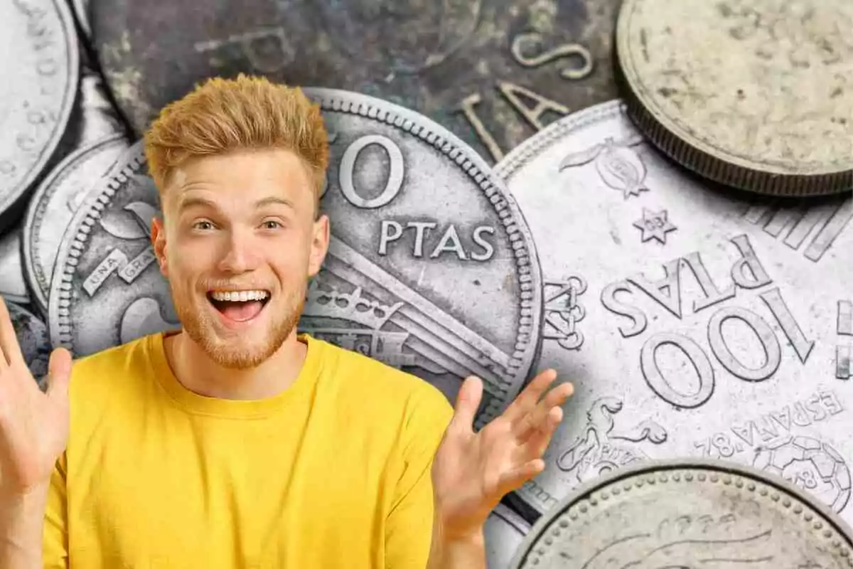 Fotomontaje con una imagen de fondo de pesetas y al frente un hombre alegre Fotomontaje con una imagen de fondo de pesetas y al frente un hombre alegre