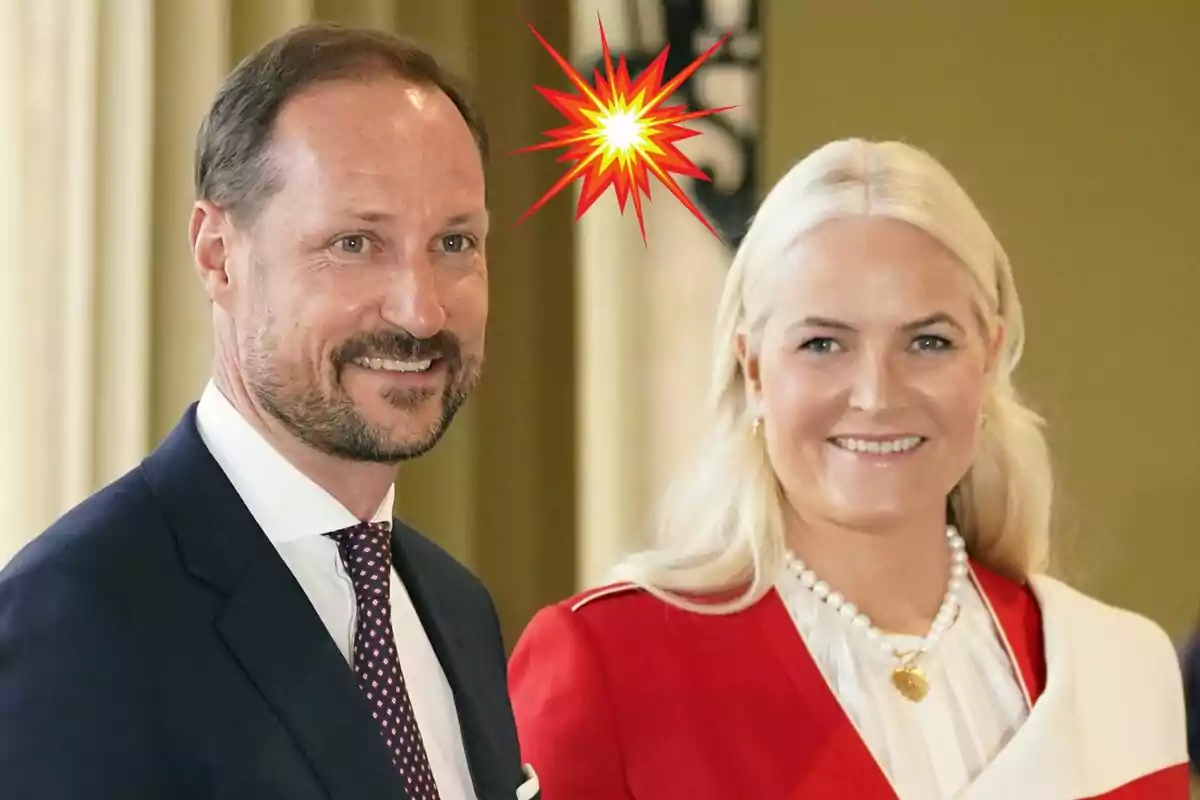 Hakoon and Mette-Marit of Norway smiling, dressed elegantly with a graphic explosion effect in the background.